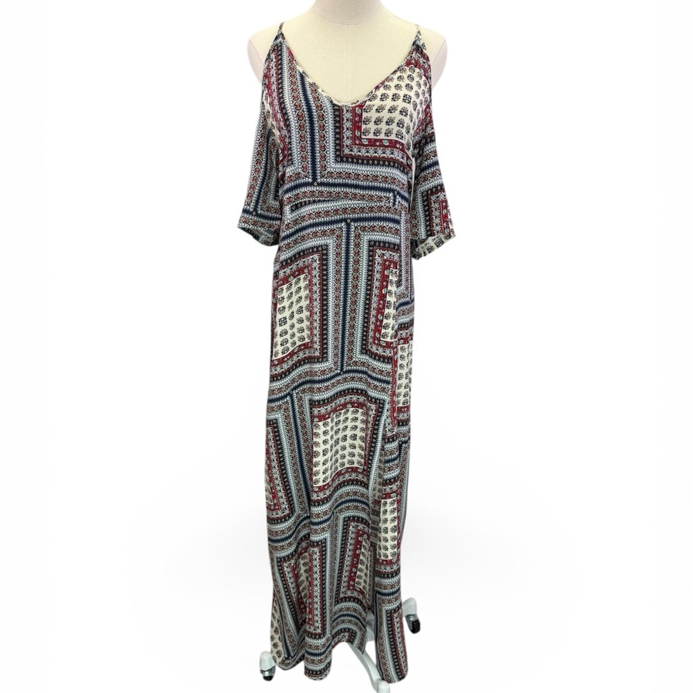 Grifflin Paris Boho Patchwork Pring Cold Shoulder Side Slit Maxi Dress Size S
